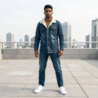 Men's Dark Blue Mid-length Fleece Lined Denim Jacket