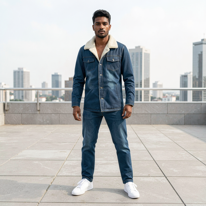 Men's Dark Blue Mid-length Fleece Lined Denim Jacket