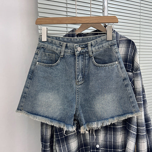 American style high waist straight leg denim shorts with fringe and raw hem