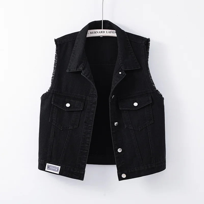 Black denim vest on a white background