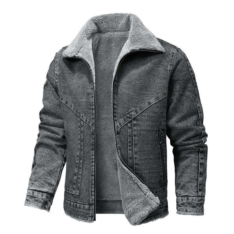 Retro Lapels Loose Cotton Jacket Fleece-lined Thickening Denim Jacket