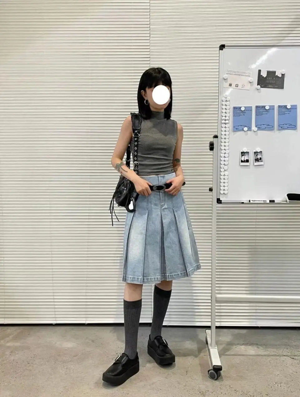 Denim Pleated A-Line Skirt