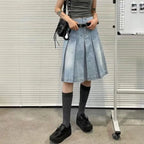 Denim Pleated A-Line Skirt