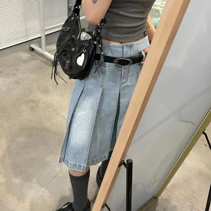 Denim Pleated A-Line Skirt