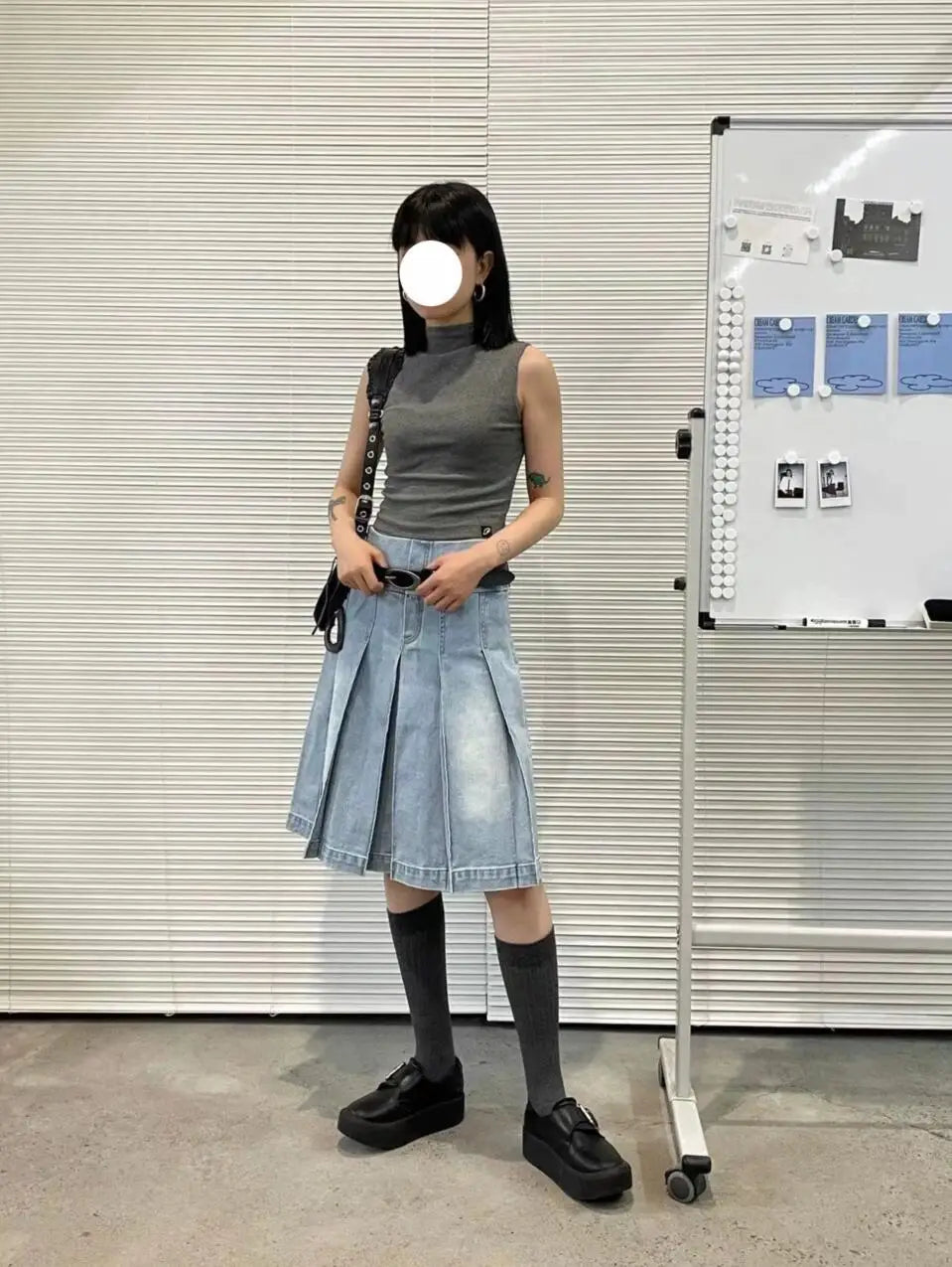 Denim Pleated A-Line Skirt