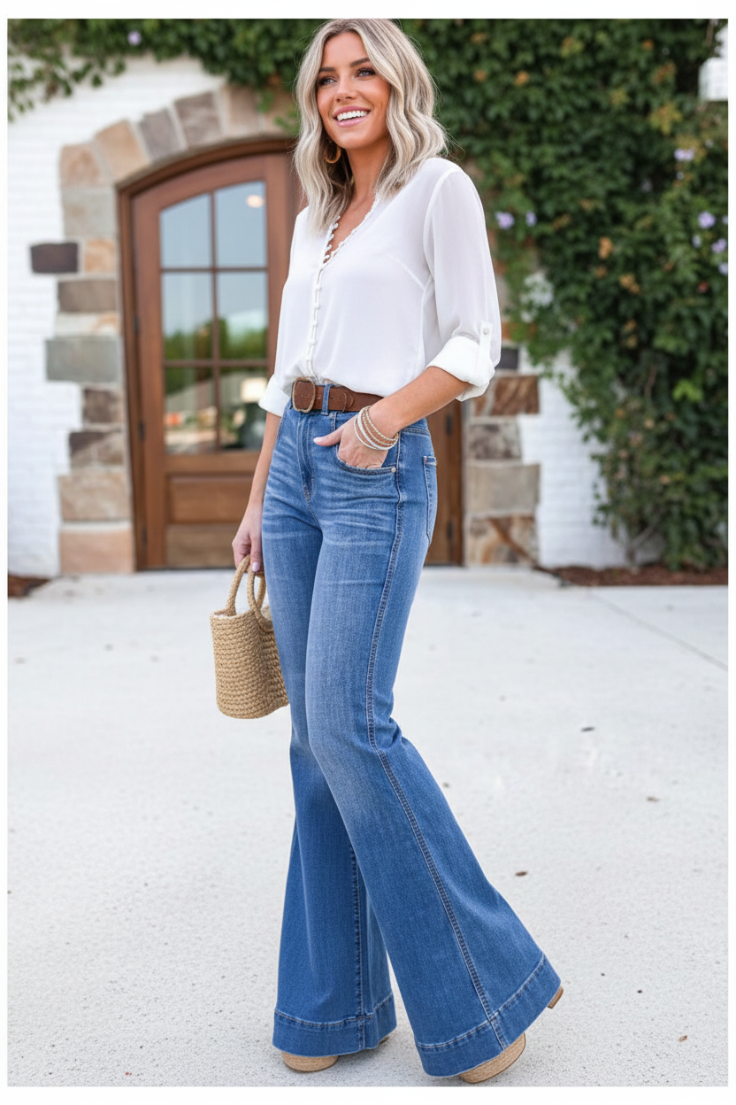 Model in blue flared jeans - High-Waist Flared Sand Washed Jeans