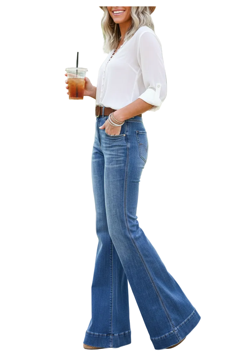 High-Waist Flared Sand Washed Jeans