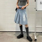 Denim Pleated A-Line Skirt