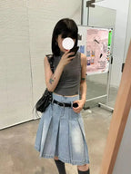 Denim Pleated A-Line Skirt
