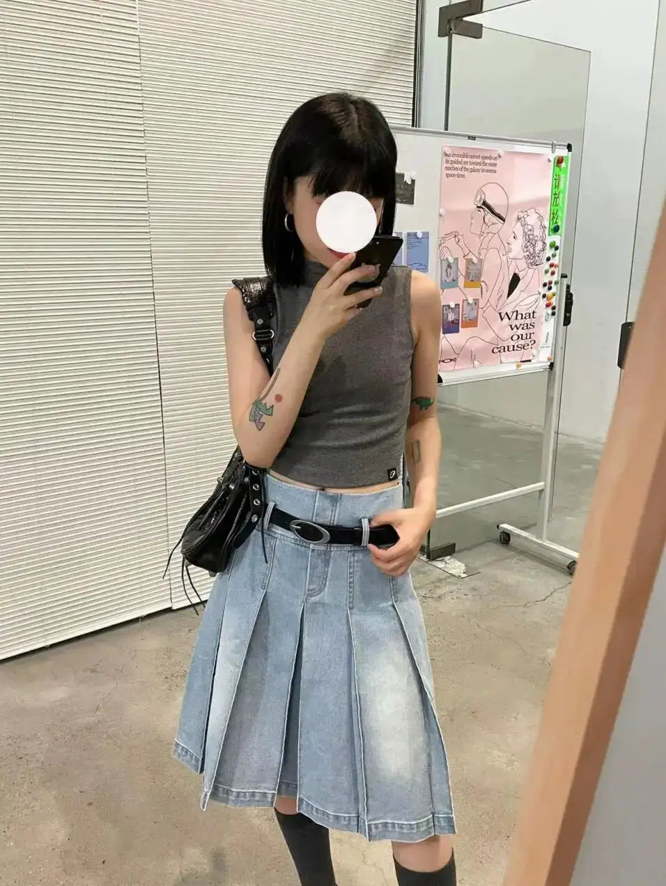 Denim Pleated A-Line Skirt