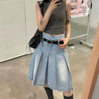 Denim Pleated A-Line Skirt