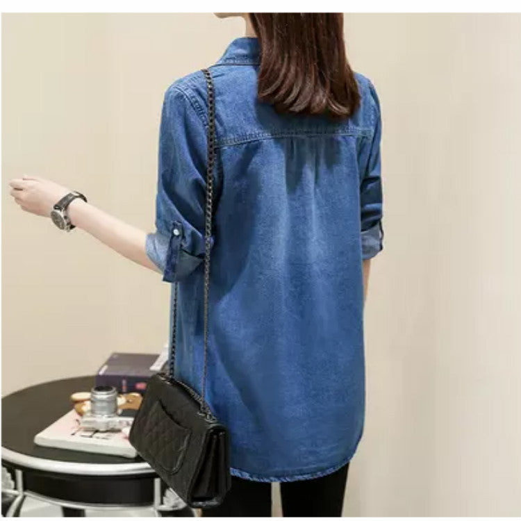 Women's Denim Shirt with Patterned Cuffs