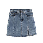 Blue denim skirt on a white background