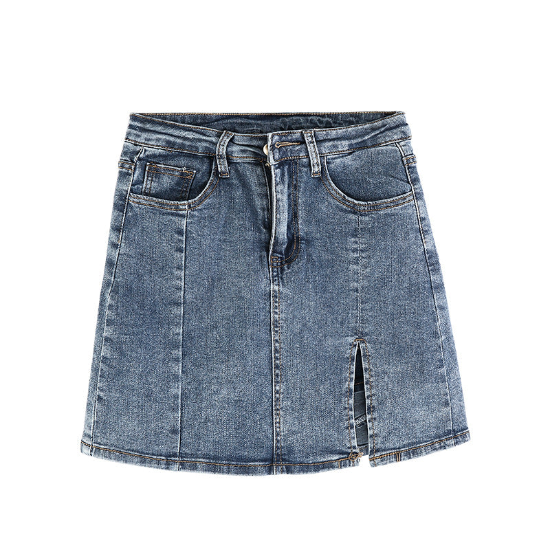 Blue denim skirt on a white background