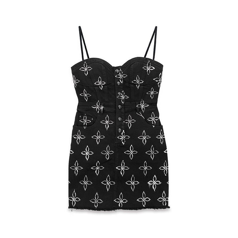 High-Waist Denim Suspender Dress - Black with White Floral