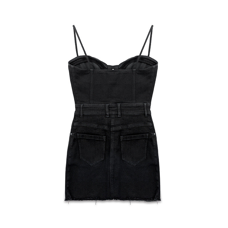 High-Waist Denim Suspender Dress - Black with White Floral