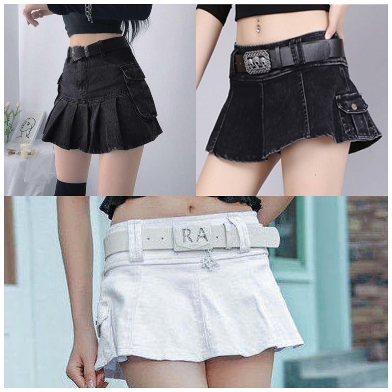 Women's Pleated Ruffled Denim Skirt with Pockets