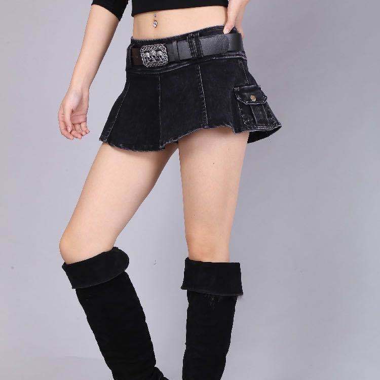Women's Pleated Ruffled Denim Skirt with Pockets