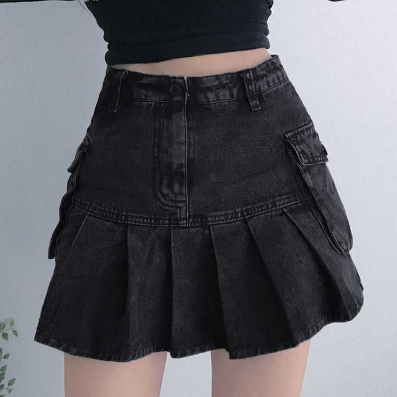 Women's Pleated Ruffled Denim Skirt with Pockets