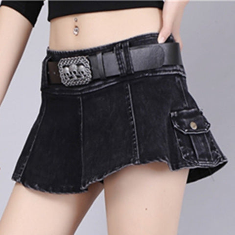 Women's Pleated Ruffled Denim Skirt with Pockets