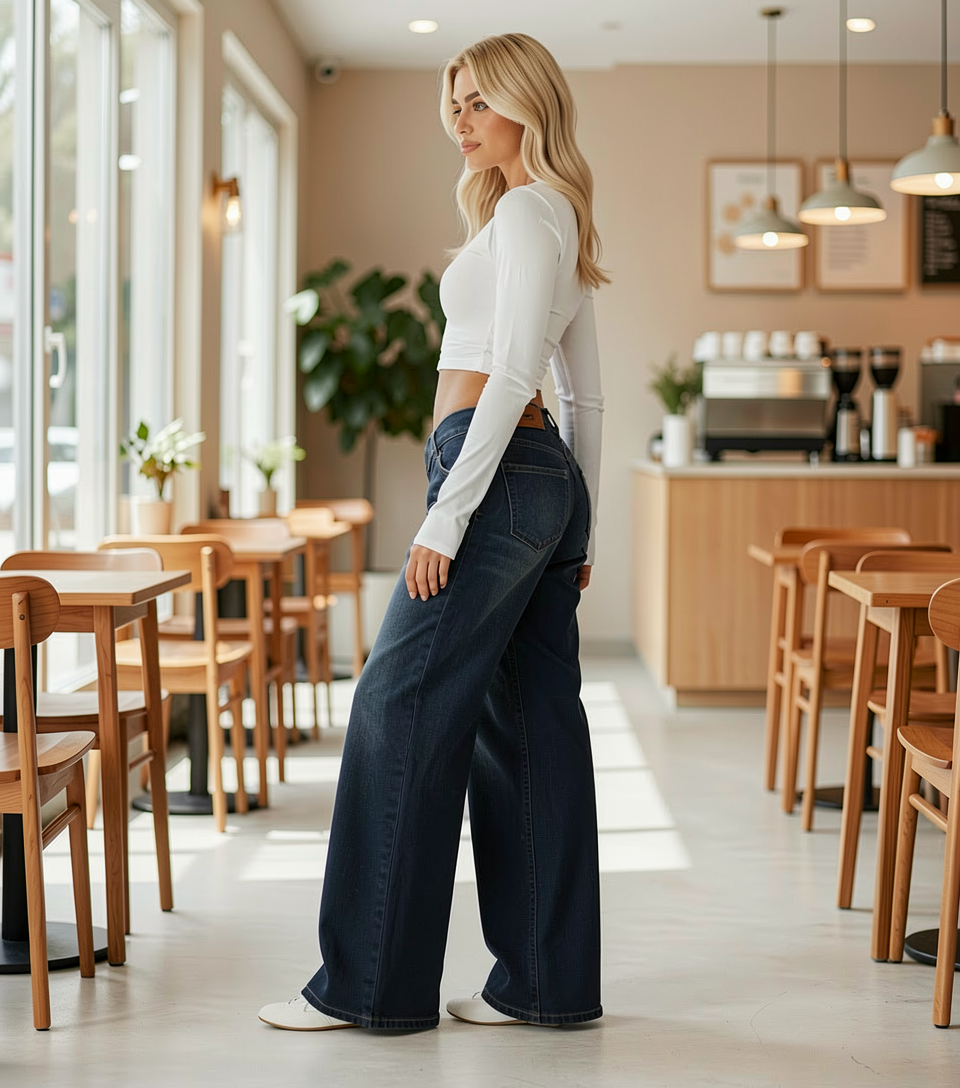 A woman stands in a bright, modern cafe wearing dark blue wide-leg jeans, a white long-sleeve crop top, and white sneakers.
