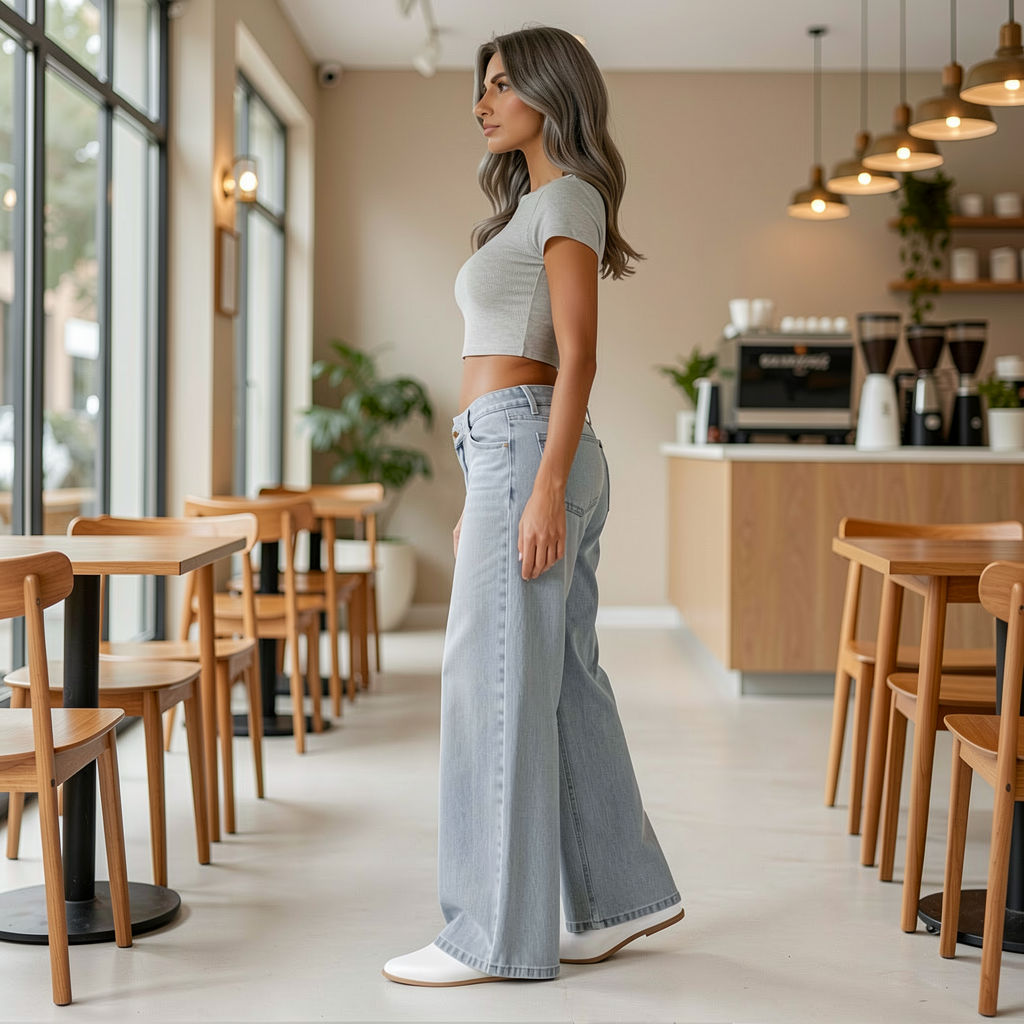 A woman stands in profile inside a bright, modern cafe, wearing a light gray short-sleeve crop top, light-wash wide-leg jeans, and white sneakers.