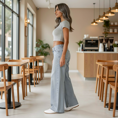 A woman stands in profile inside a bright, modern cafe, wearing a light gray short-sleeve crop top, light-wash wide-leg jeans, and white sneakers.