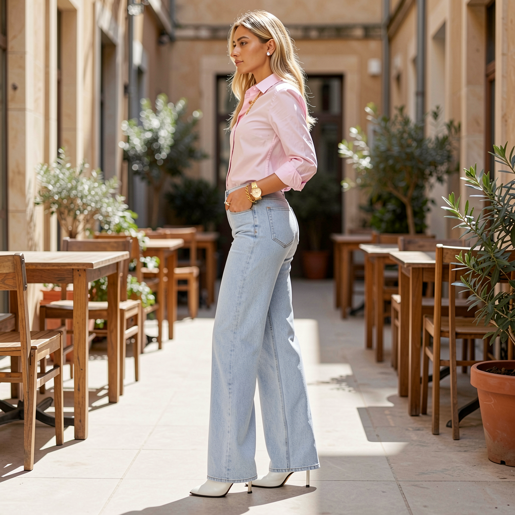 Woman in a pink shirt and light blue jeans standing in an outdoor cafe setting.
