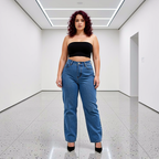 Woman wearing a black tube top and blue jeans in a white hallway
