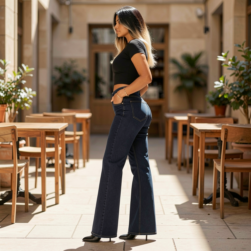 Woman in black top and blue jeans standing in an outdoor cafe setting