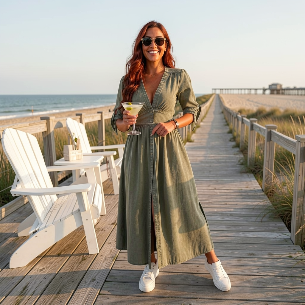 V-Neck Loose Fit Denim Button Dress