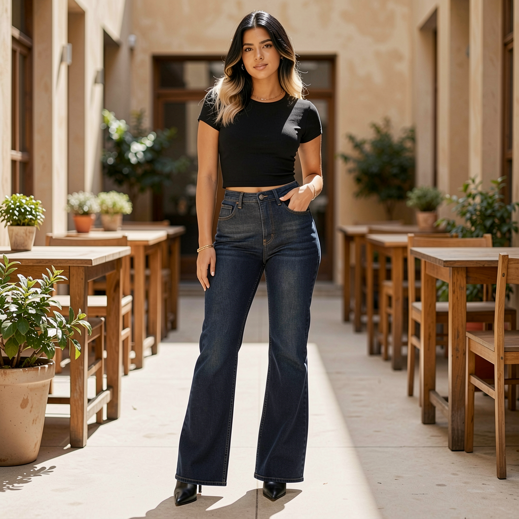 Woman in black top and blue jeans standing in a sunlit outdoor setting with wooden tables and plants.