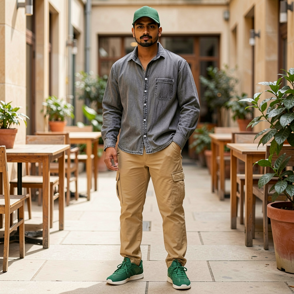 Man wearing a green cap, gray shirt, beige pants, and green shoes standing in an outdoor setting with tables and plants.