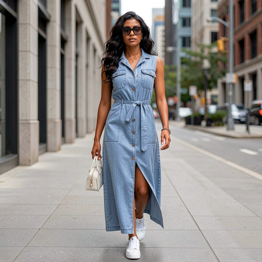 Sleeveless Tie Waist Denim Dress