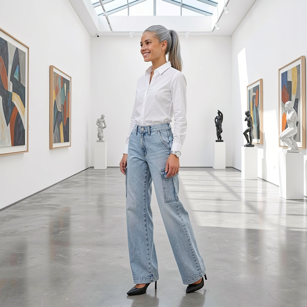 Woman in a white shirt and light blue jeans standing in an art gallery with sculptures and paintings.