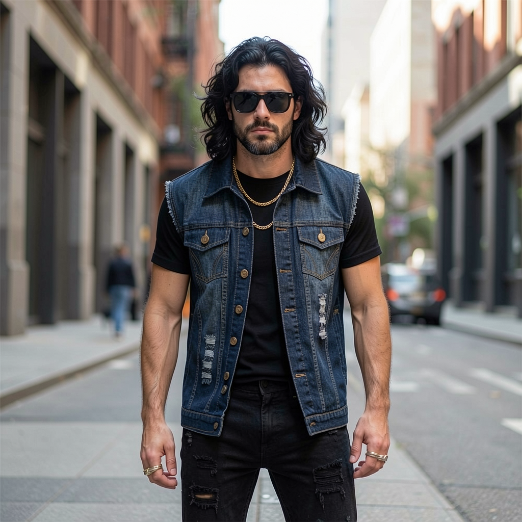 Man wearing a denim vest and sunglasses on a city street