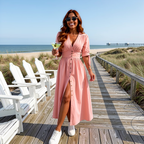 V-Neck Loose Fit Denim Button Dress