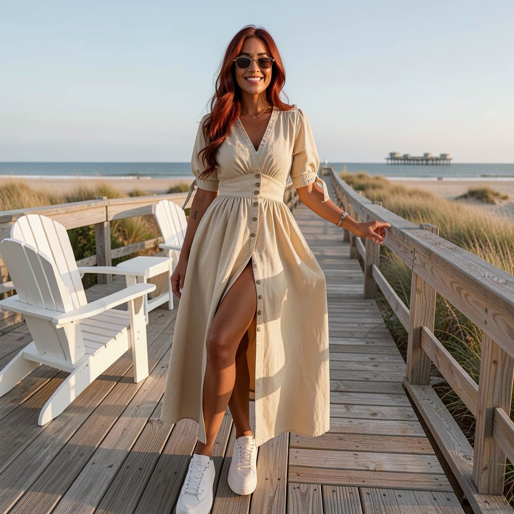 V-Neck Loose Fit Denim Button Dress