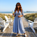 V-Neck Loose Fit Denim Button Dress