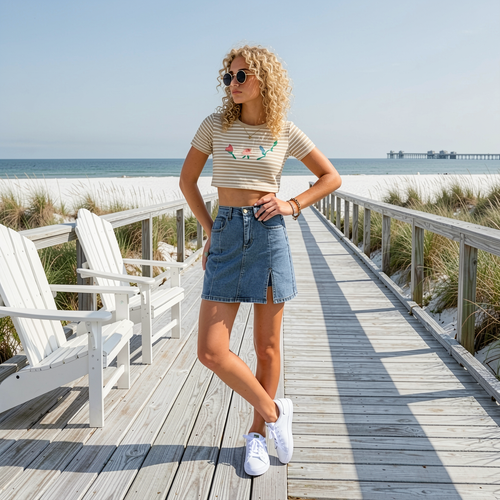 Woman standing on a wooden boardwalk by the beach wearing a striped crop top and denim skirt.