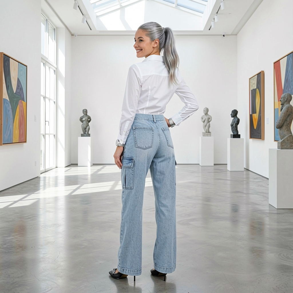 Woman in a white shirt and light blue jeans standing in an art gallery with sculptures and paintings on the walls.