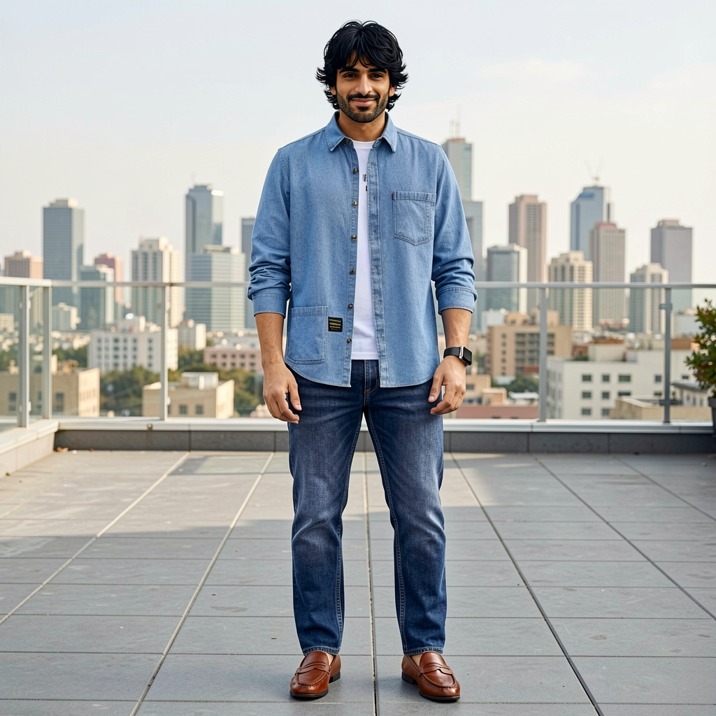 Men's Blue Denim Long-Sleeve Shirt