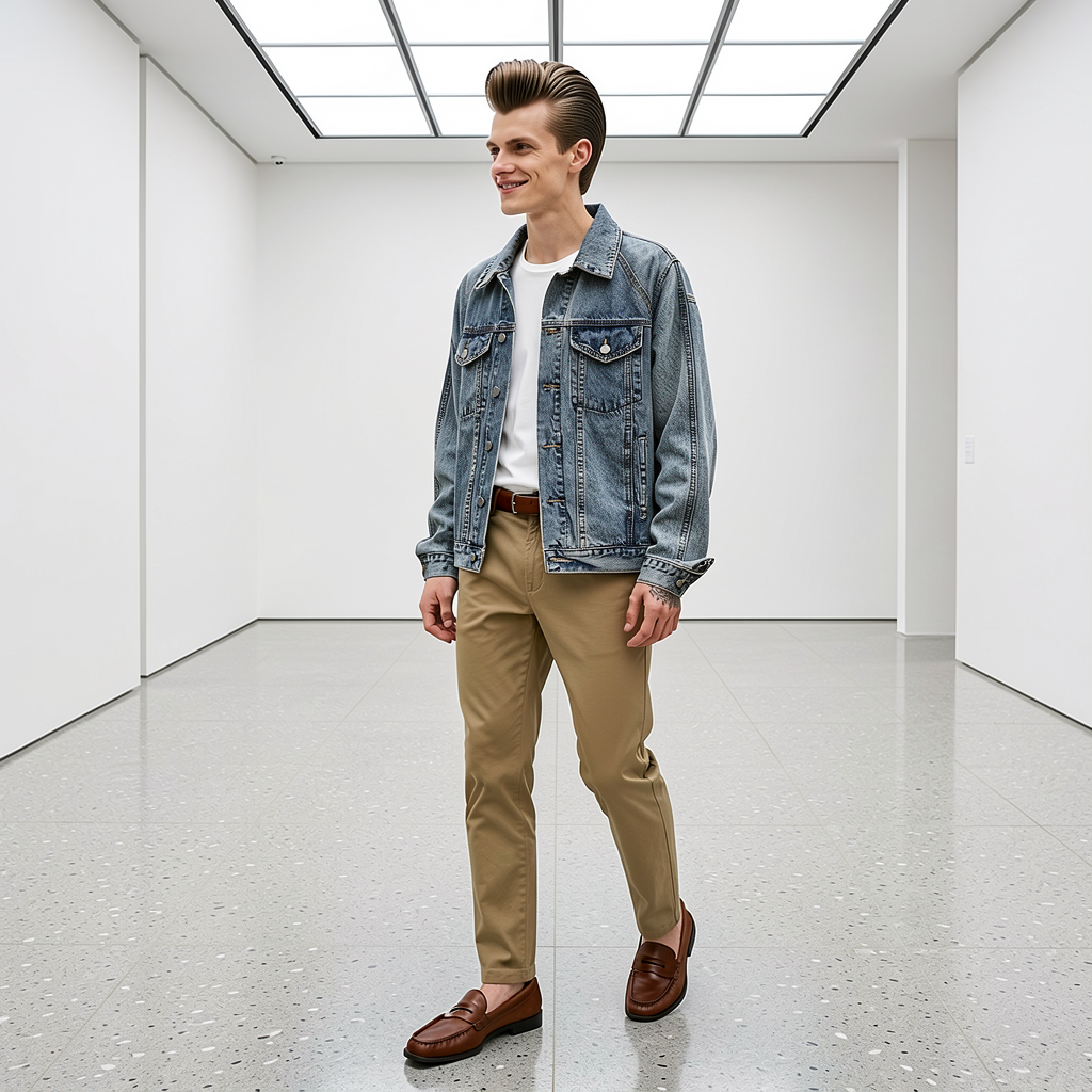 Man wearing a denim jacket, white shirt, beige pants, and brown shoes in a minimalistic room.
