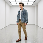 Man wearing a denim jacket, white shirt, beige pants, and brown shoes in a minimalistic room.
