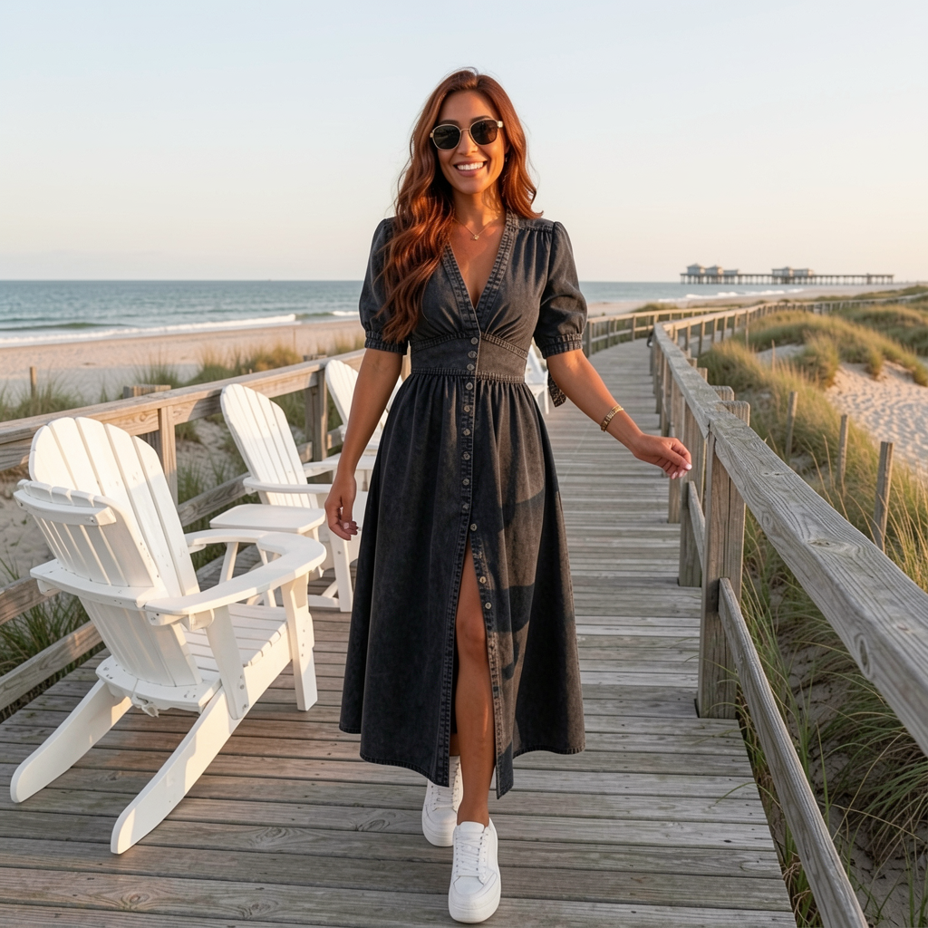 V-Neck Loose Fit Denim Button Dress