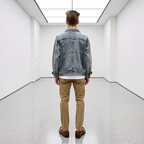 Person wearing a denim jacket and beige pants standing in a minimalistic white room.