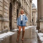 Woman in denim jacket and skirt with brown knee-high boots standing on a snowy street.