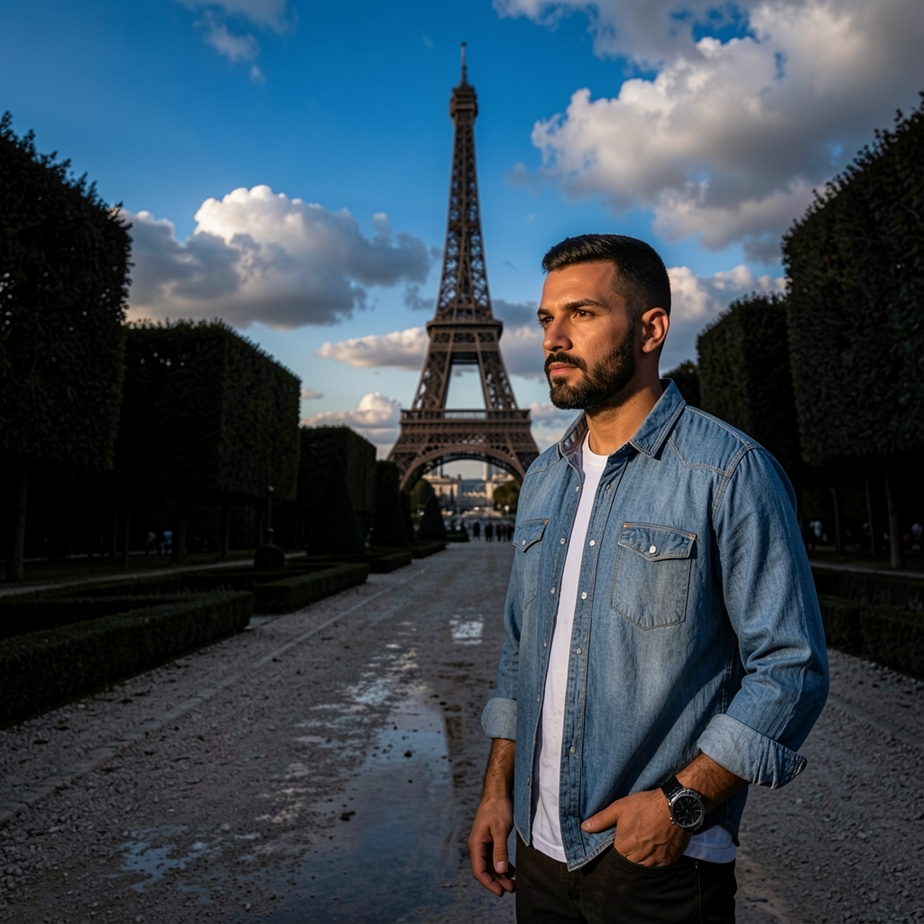 Man standing in front of the Eiffel Tower with a blue sky and clouds.