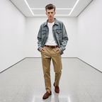 Man wearing a denim jacket, white shirt, beige pants, and brown shoes in a minimalistic setting.