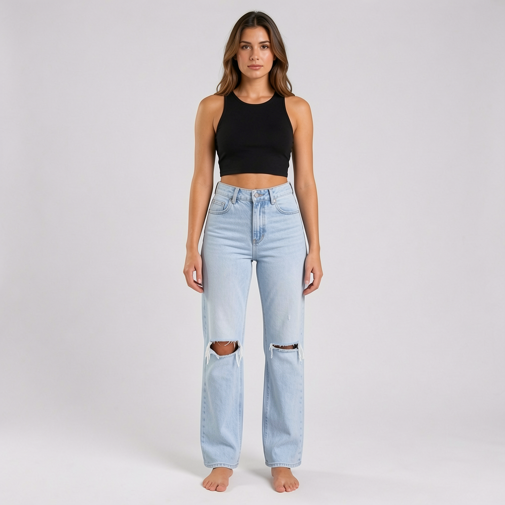 Light Blue Ripped Jeans - High-Waisted Urban Style